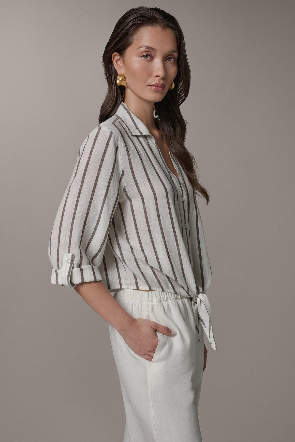 LONG SLEEVE TIE-FRONT BLOUSE - Cream/Canyon