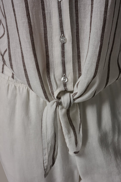 LONG SLEEVE TIE-FRONT BLOUSE - Cream/Canyon