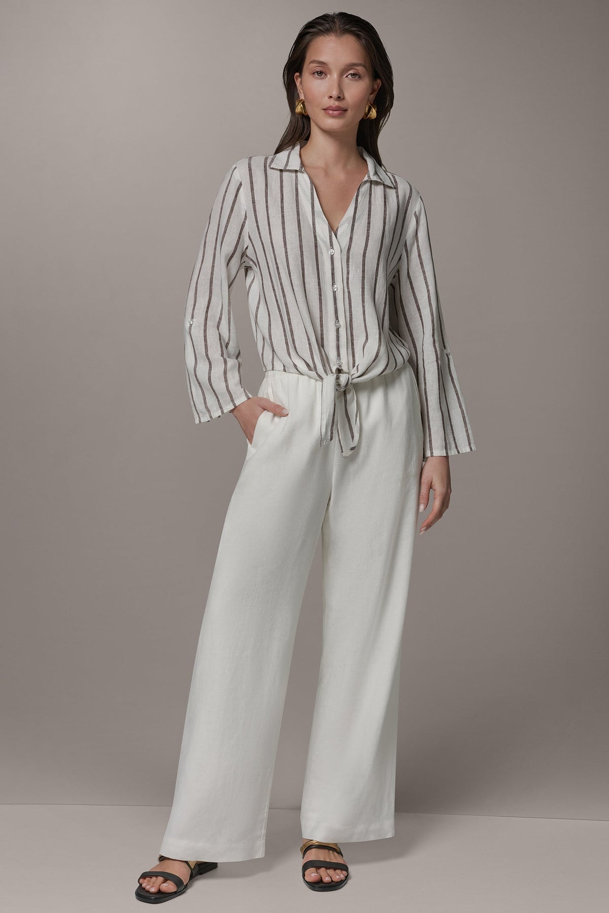 LONG SLEEVE TIE-FRONT BLOUSE - Cream/Canyon