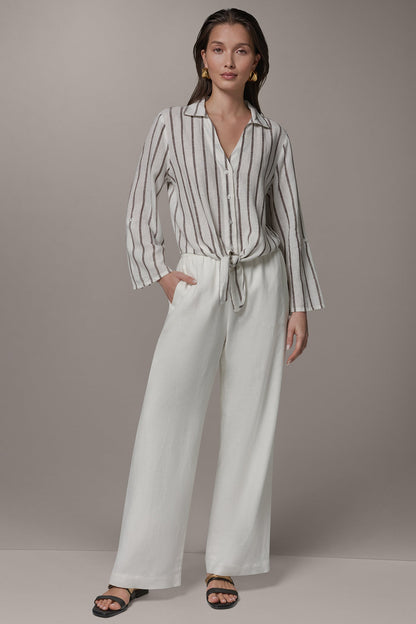 LONG SLEEVE TIE-FRONT BLOUSE - Cream/Canyon