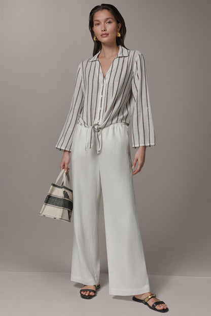 LONG SLEEVE TIE-FRONT BLOUSE - Cream/Canyon