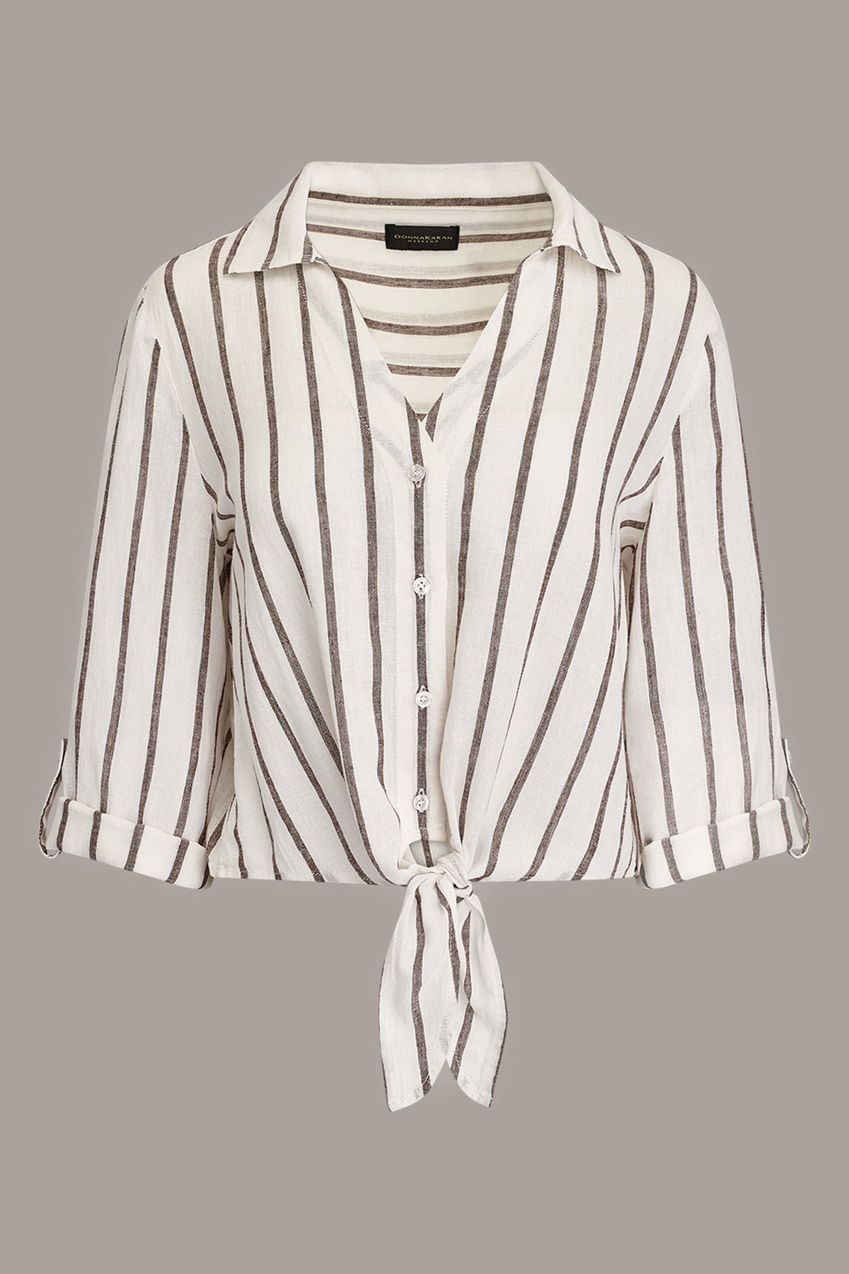 LONG SLEEVE TIE-FRONT BLOUSE - Cream/Canyon