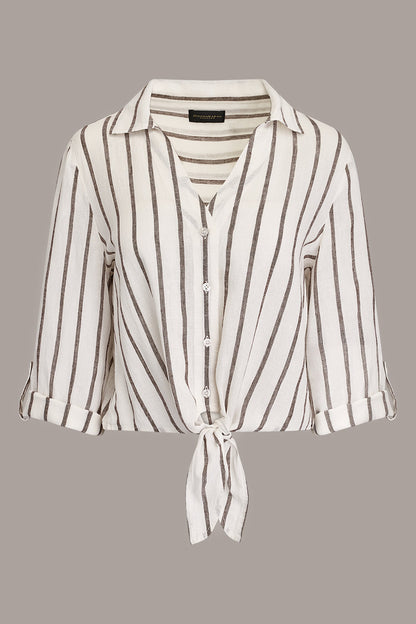 LONG SLEEVE TIE-FRONT BLOUSE - Cream/Canyon