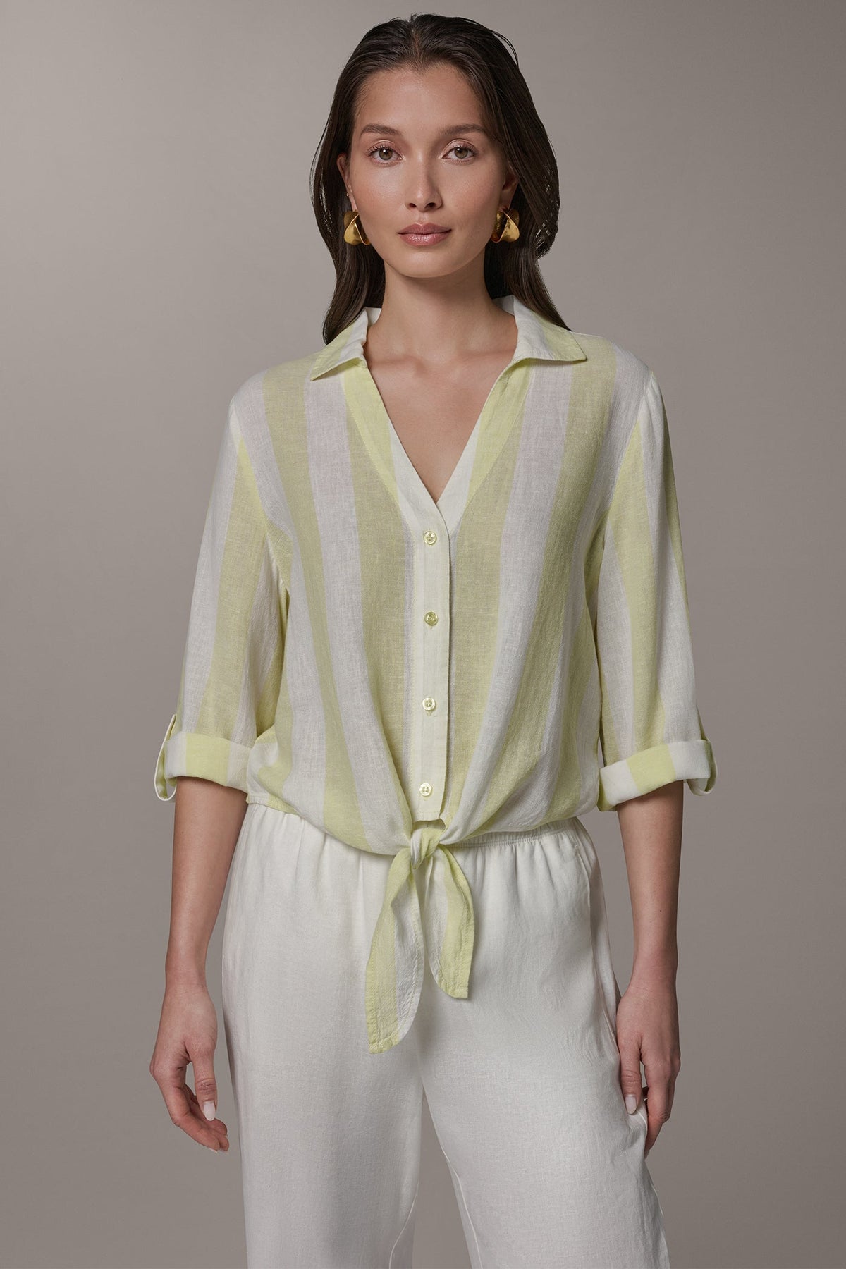 LONG SLEEVE TIE-FRONT BLOUSE - Limoncello/Cream