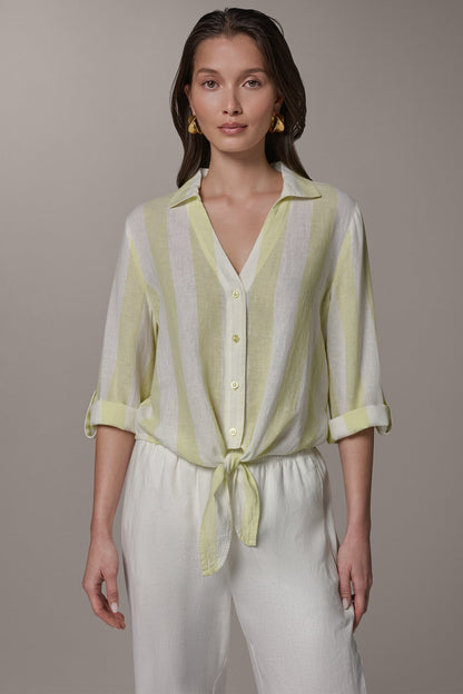 LONG SLEEVE TIE-FRONT BLOUSE - Limoncello/Cream