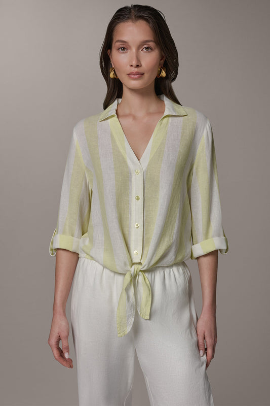 LONG SLEEVE TIE-FRONT BLOUSE - Limoncello/Cream