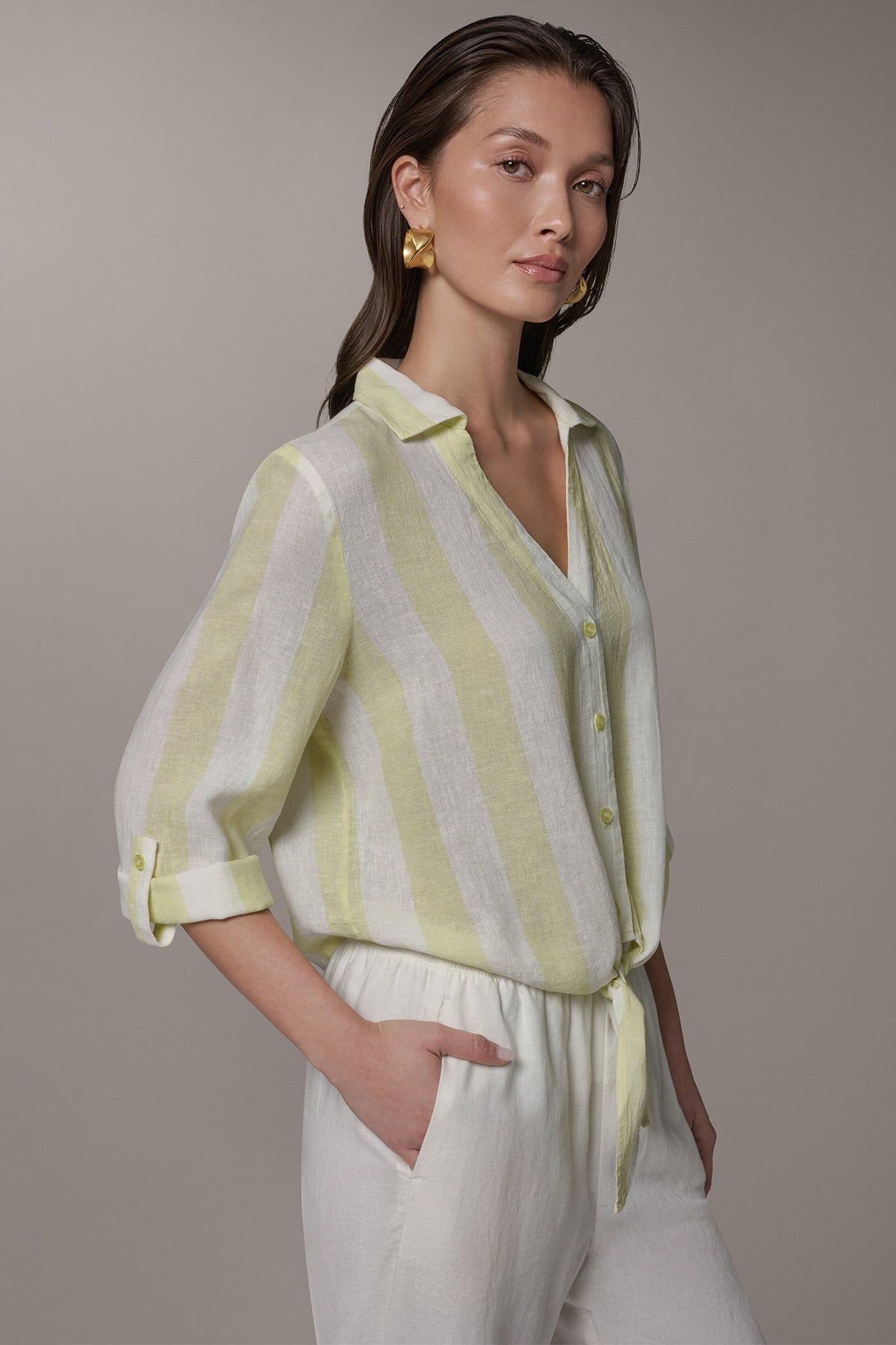 LONG SLEEVE TIE-FRONT BLOUSE - Limoncello/Cream