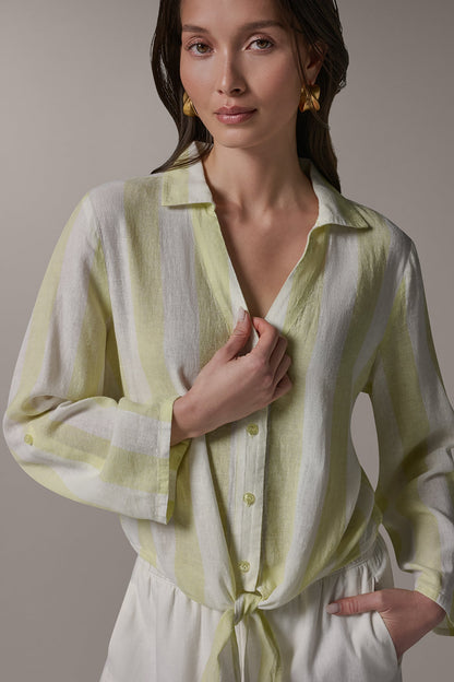 LONG SLEEVE TIE-FRONT BLOUSE - Limoncello/Cream