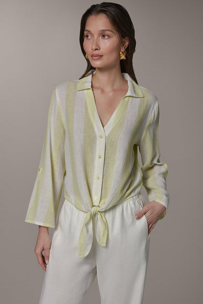 LONG SLEEVE TIE-FRONT BLOUSE - Limoncello/Cream