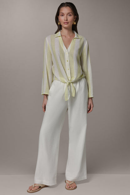 LONG SLEEVE TIE-FRONT BLOUSE - Limoncello/Cream