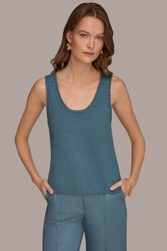 SLEEVELESS POINTELLE STITCH TANK - Washed Indigo