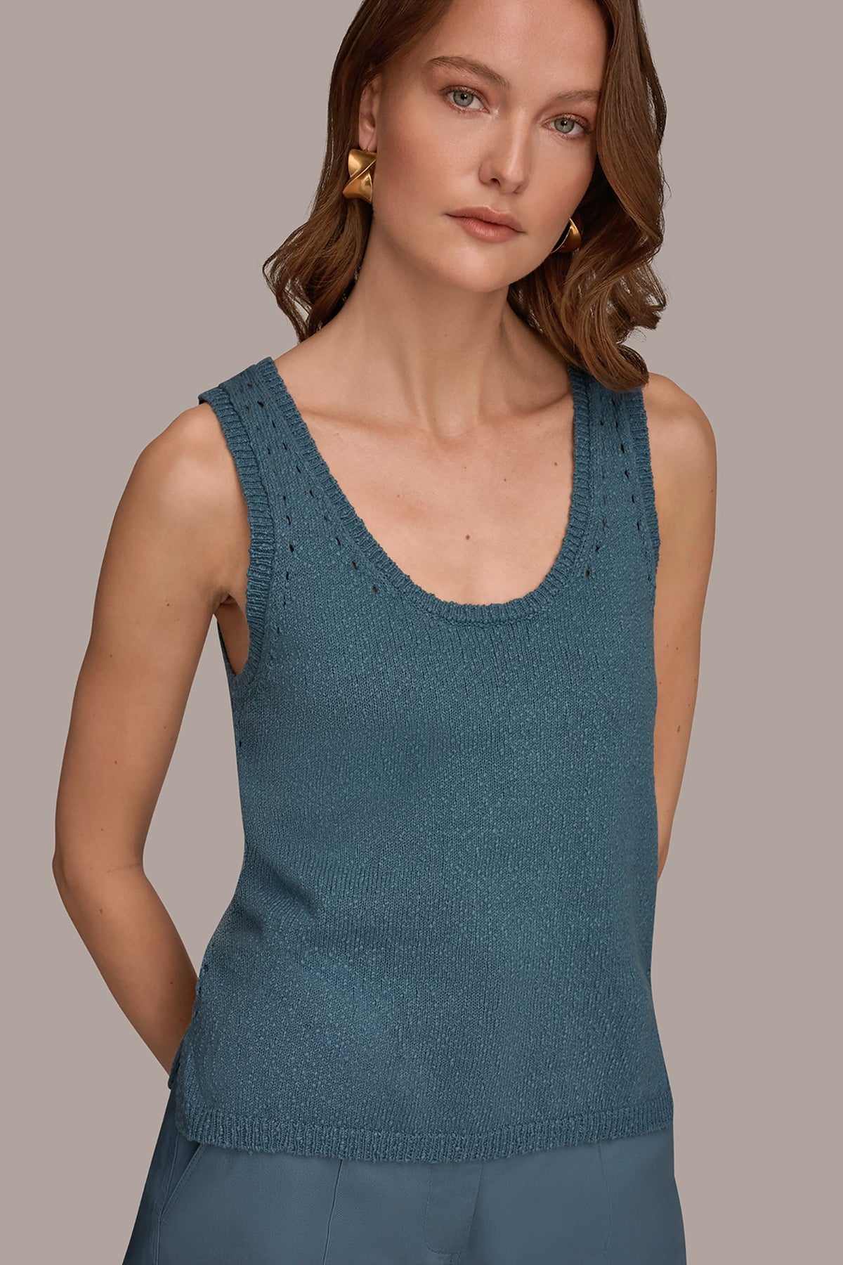 SLEEVELESS POINTELLE STITCH TANK - Washed Indigo