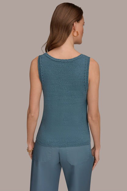 SLEEVELESS POINTELLE STITCH TANK - Washed Indigo