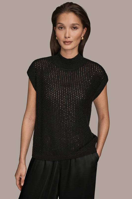 SLEEVELESS MOCK-NECK OPEN STITCH SWEATER - Black