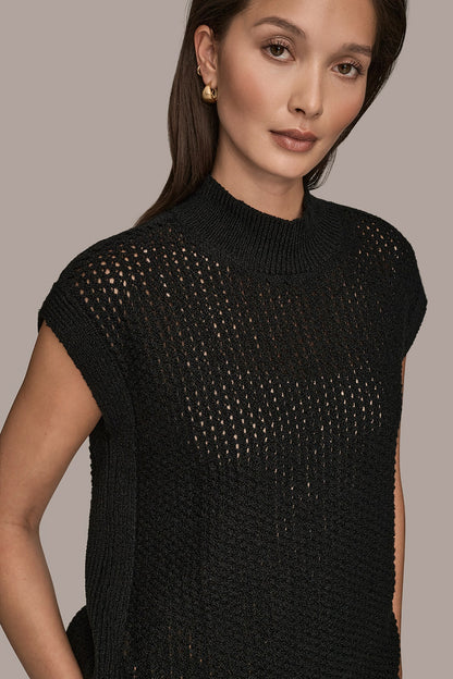 SLEEVELESS MOCK-NECK OPEN STITCH SWEATER - Black