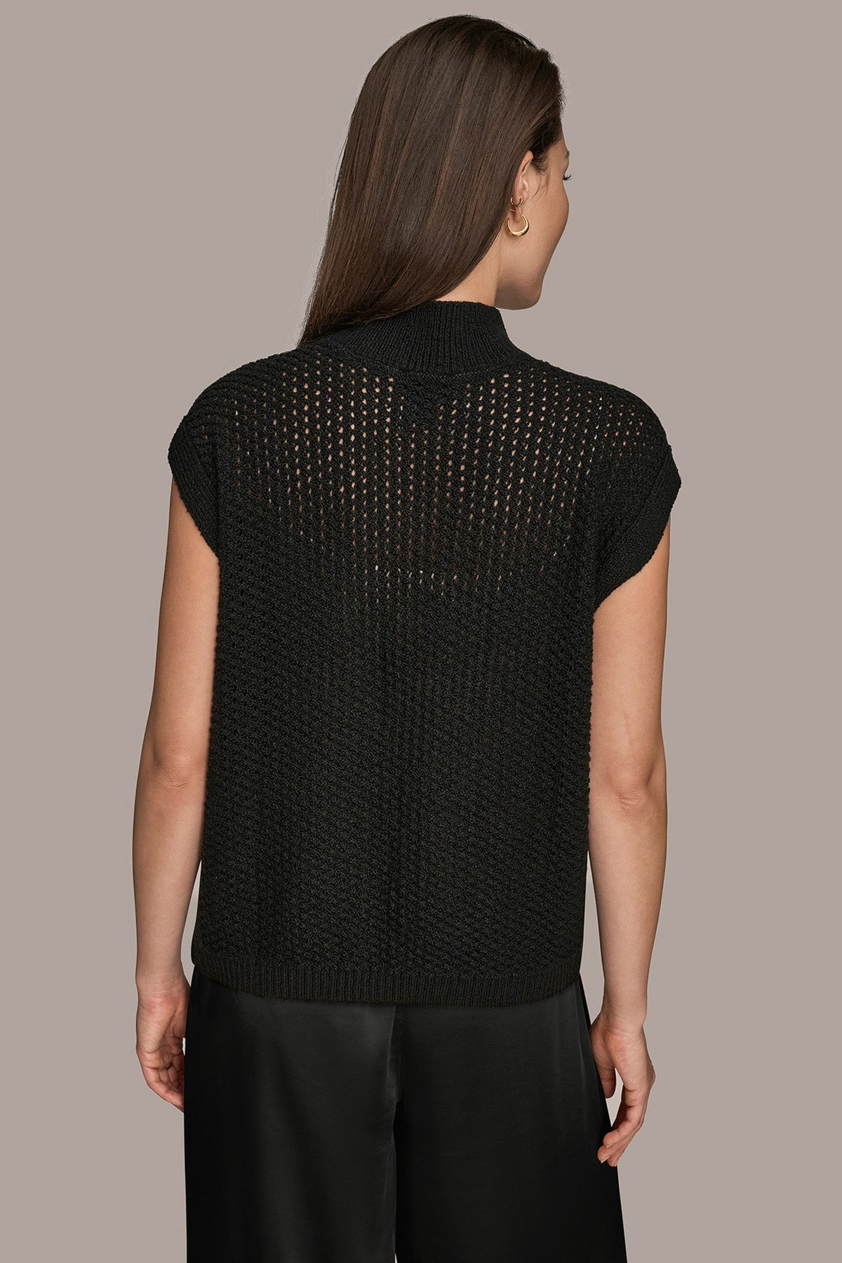 SLEEVELESS MOCK-NECK OPEN STITCH SWEATER - Black