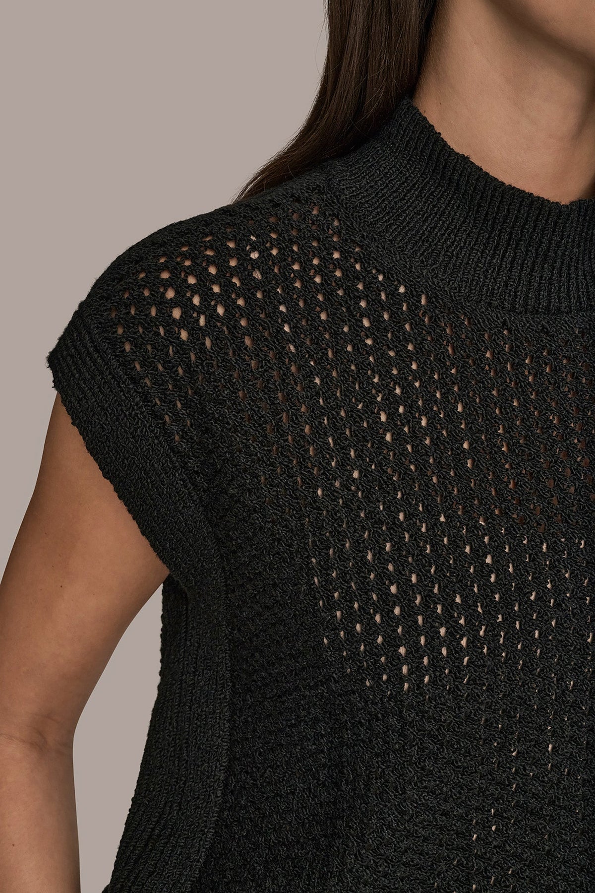 SLEEVELESS MOCK-NECK OPEN STITCH SWEATER - Black