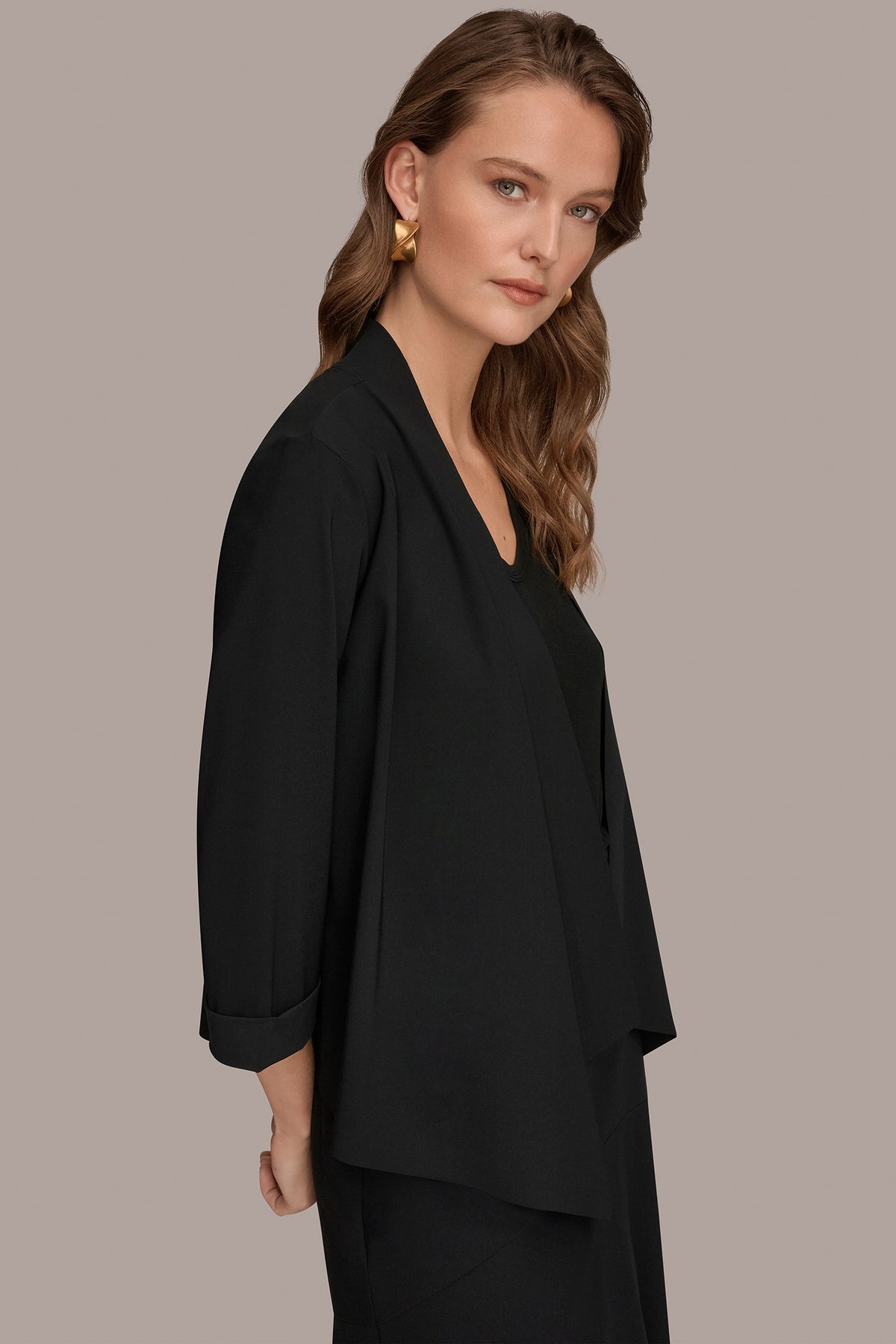 THE MODERN TRAVEL 3/4 SLEEVE SHAWL CARDIGAN JACKET - Black