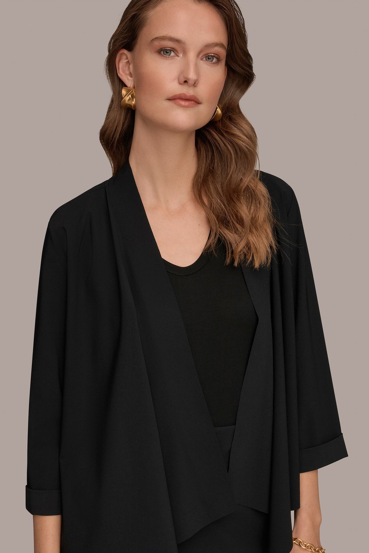 THE MODERN TRAVEL 3/4 SLEEVE SHAWL CARDIGAN JACKET - Black