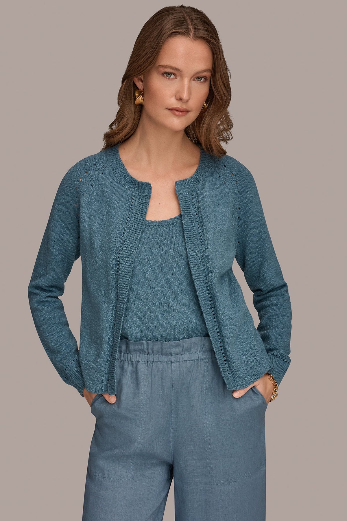 POINTELLE TRIM CARDIGAN - Washed Indigo