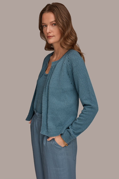 POINTELLE TRIM CARDIGAN - Washed Indigo