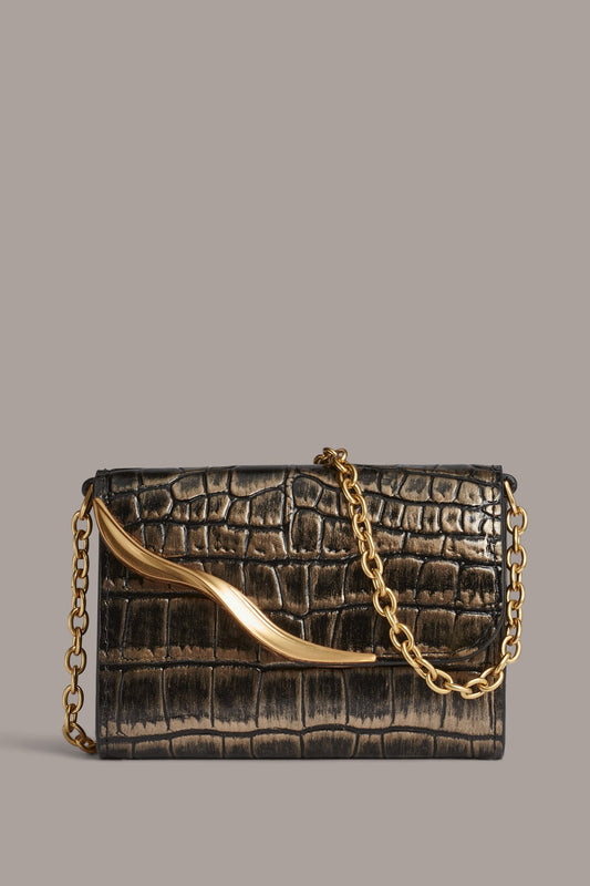 MALVERNE METALLIC CROC-EFFECT MINI CROSSBODY BAG - BLACK/GOLD
