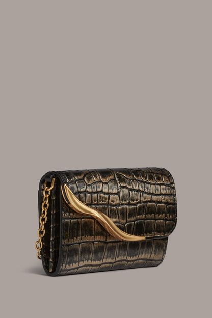 MALVERNE METALLIC CROC-EFFECT MINI CROSSBODY BAG - BLACK/GOLD