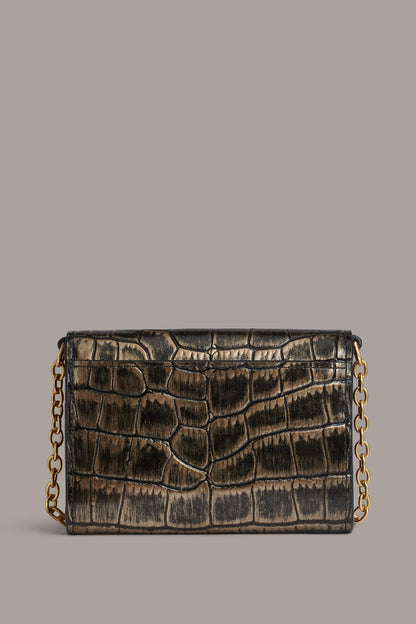 MALVERNE METALLIC CROC-EFFECT MINI CROSSBODY BAG - BLACK/GOLD