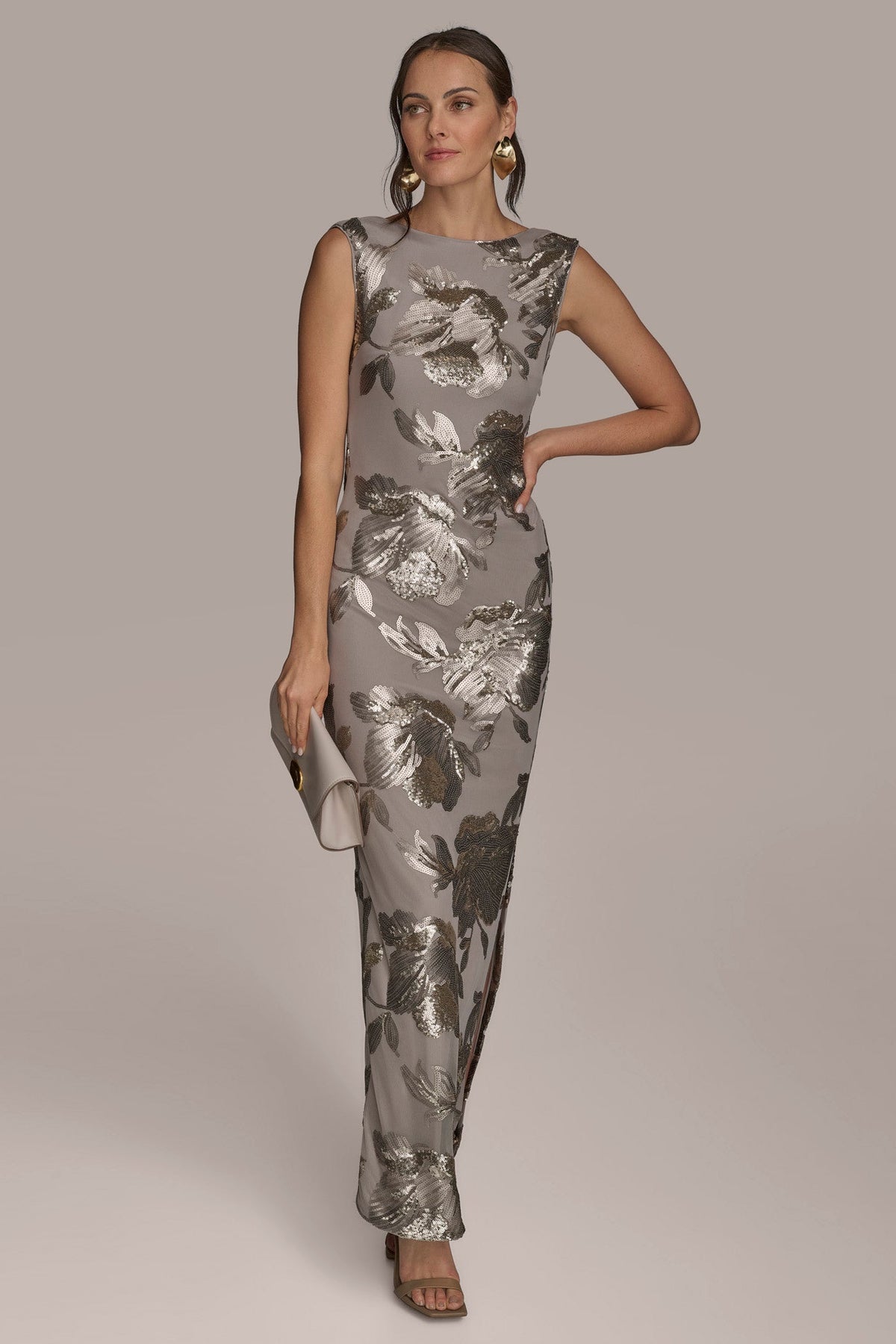 SLEEVELESS FLORAL SEQUIN COWL-BACK GOWN - DARK CLAY