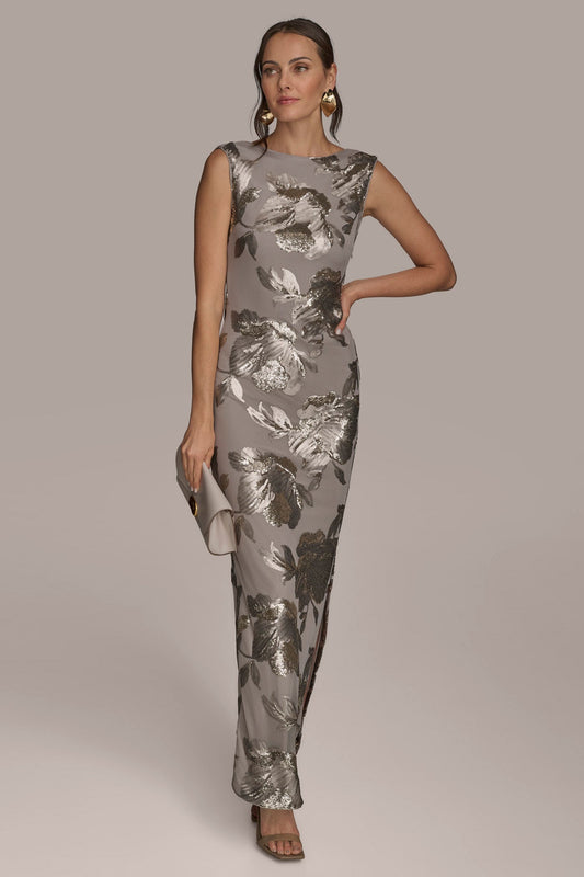 SLEEVELESS FLORAL SEQUIN COWL-BACK GOWN - DARK CLAY