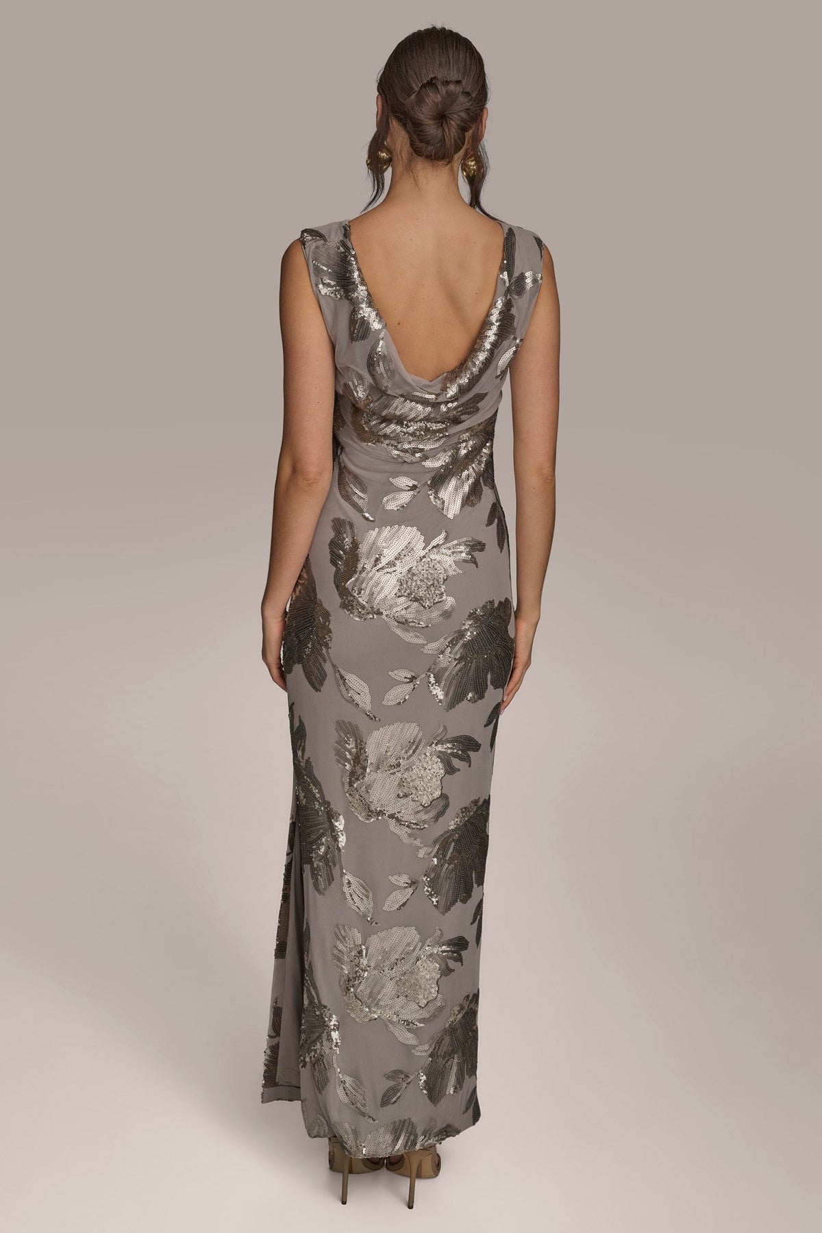 SLEEVELESS FLORAL SEQUIN COWL-BACK GOWN - DARK CLAY