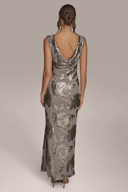 SLEEVELESS FLORAL SEQUIN COWL-BACK GOWN - DARK CLAY