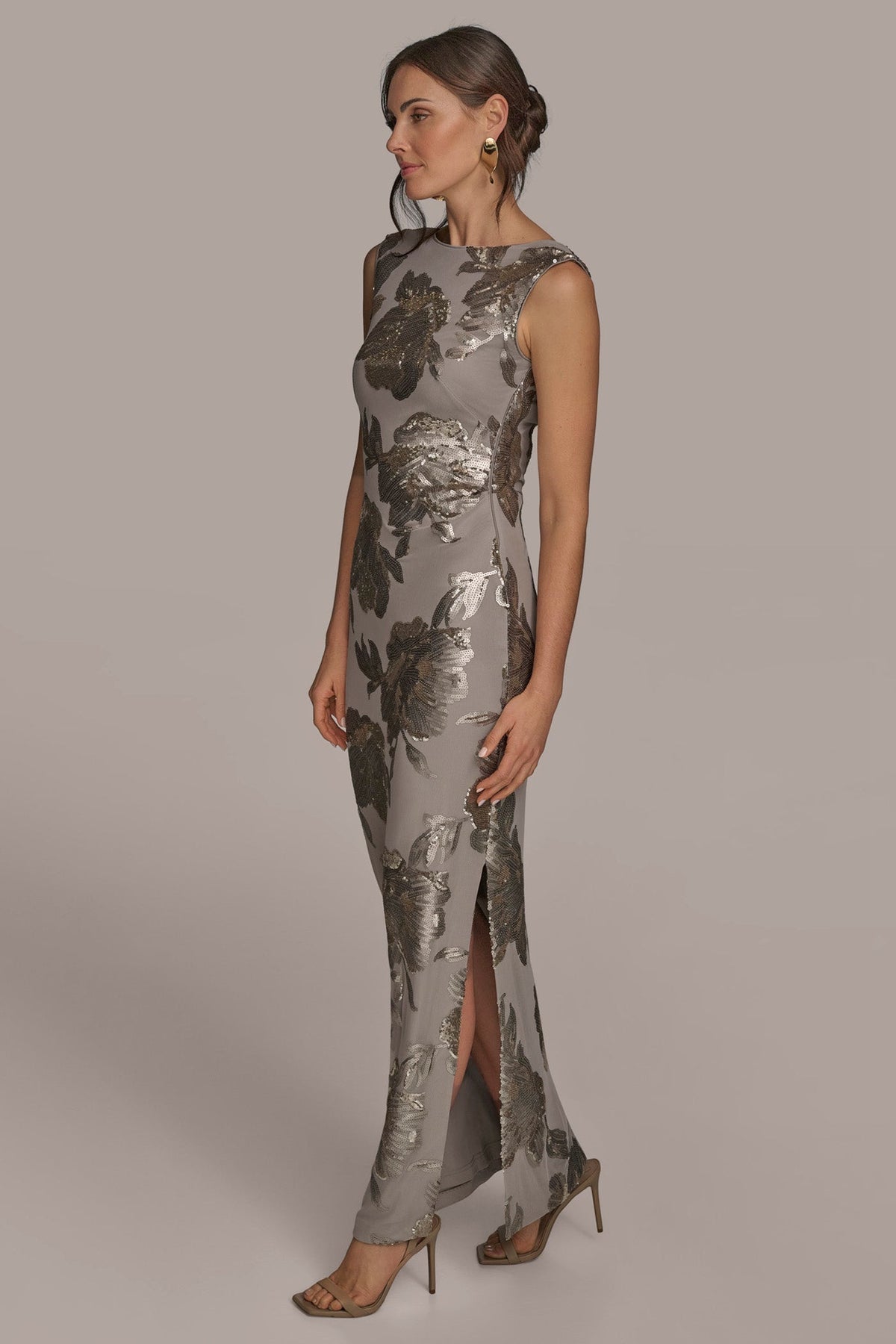 SLEEVELESS FLORAL SEQUIN COWL-BACK GOWN - DARK CLAY