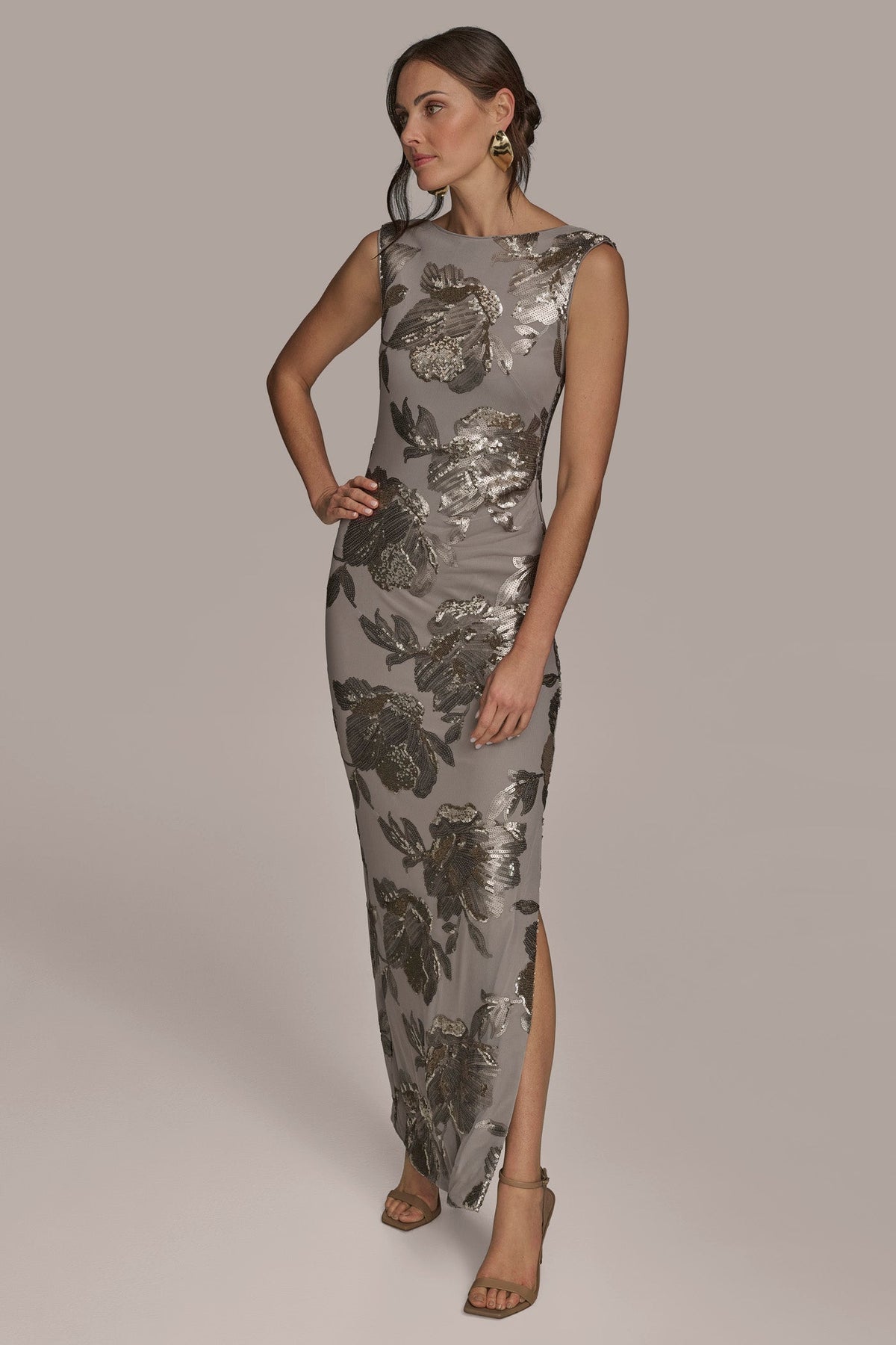 SLEEVELESS FLORAL SEQUIN COWL-BACK GOWN - DARK CLAY