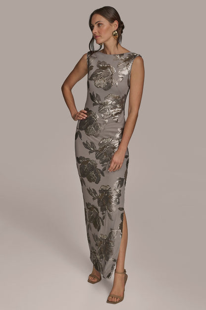 SLEEVELESS FLORAL SEQUIN COWL-BACK GOWN - DARK CLAY