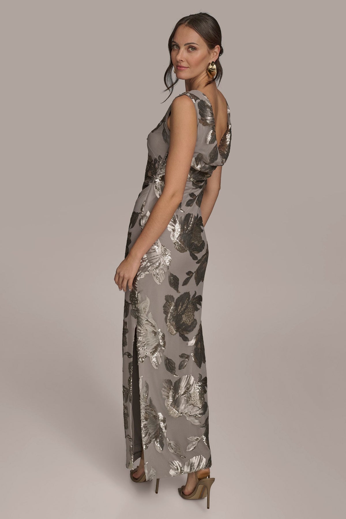SLEEVELESS FLORAL SEQUIN COWL-BACK GOWN - DARK CLAY