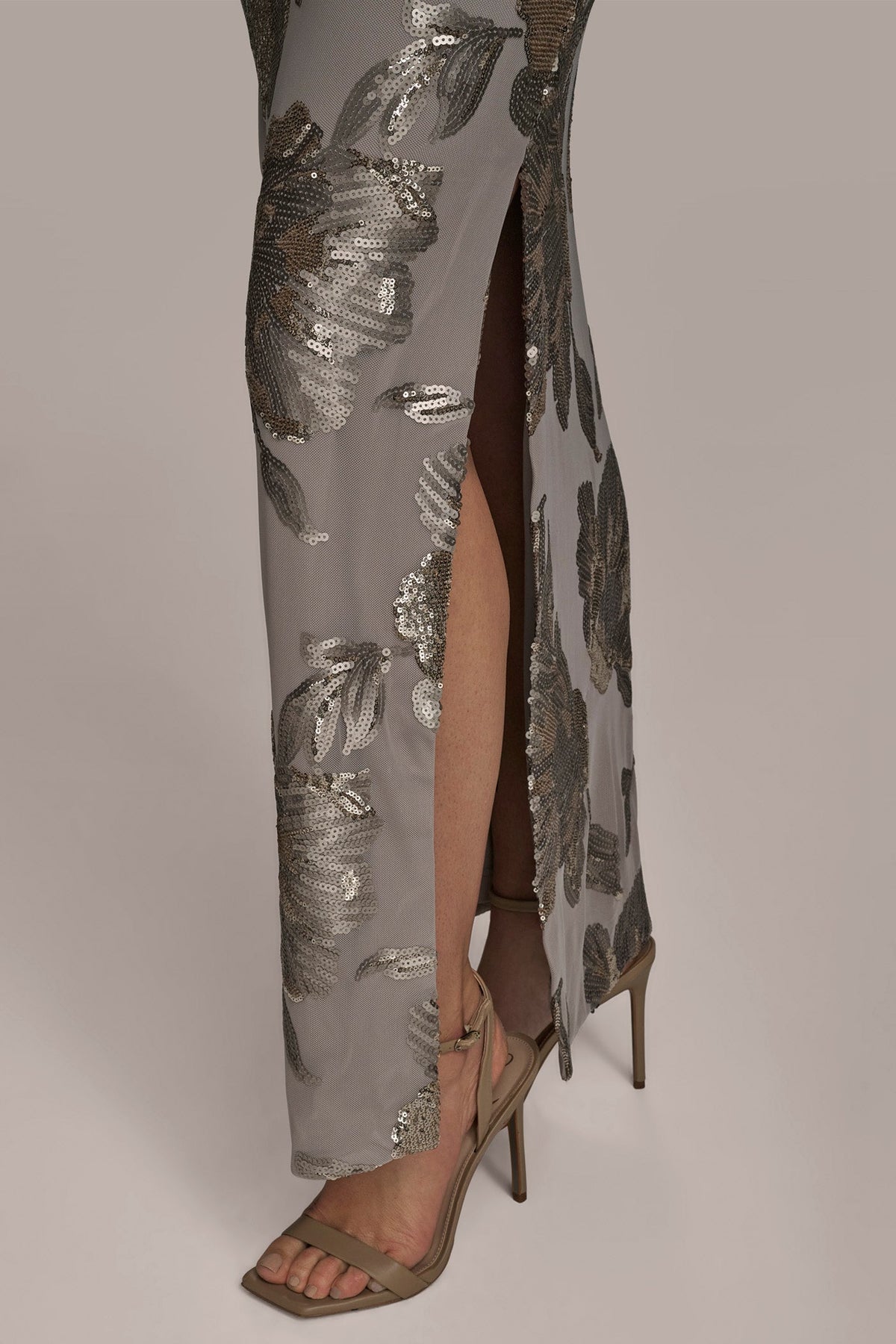 SLEEVELESS FLORAL SEQUIN COWL-BACK GOWN - DARK CLAY