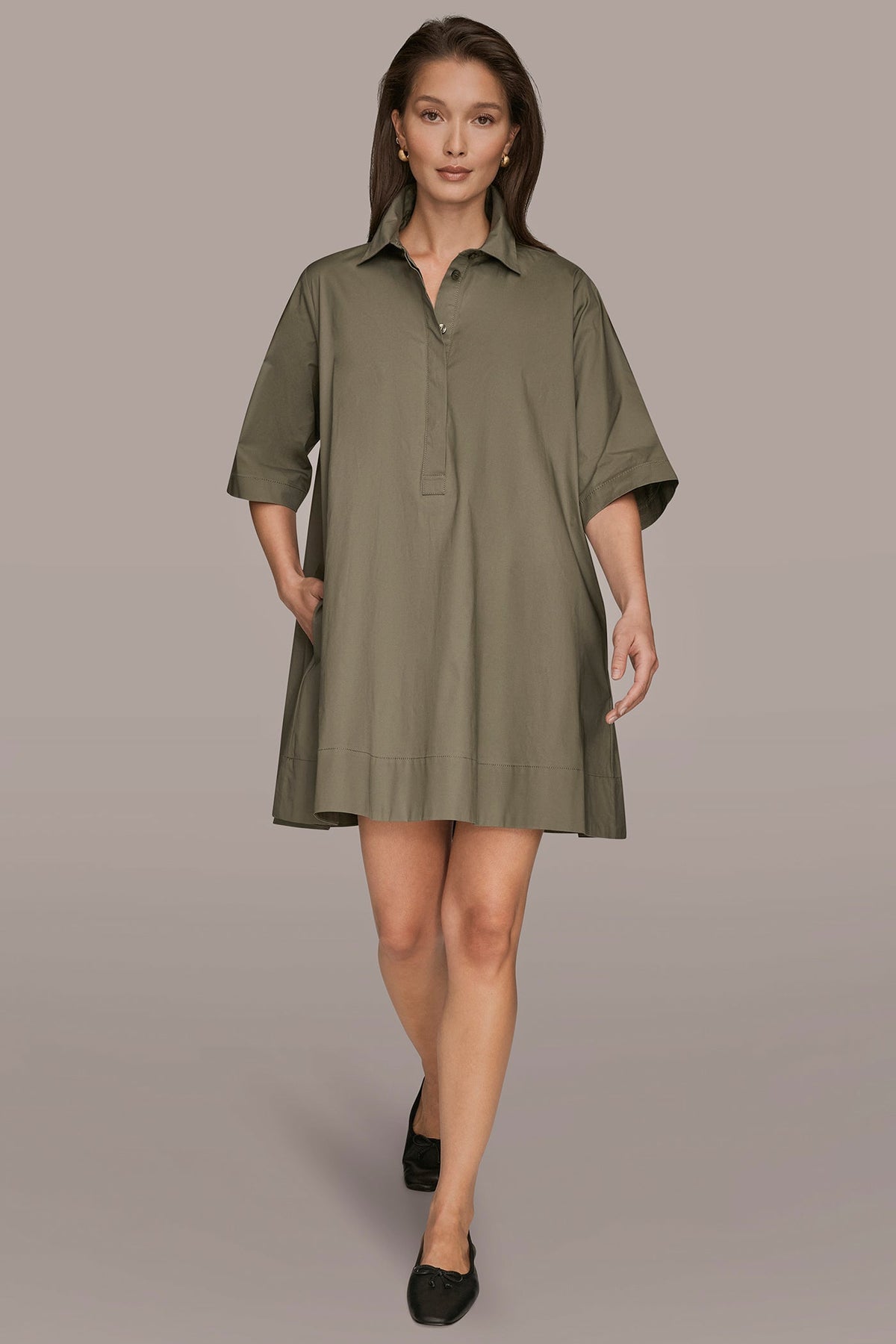 ELBOW-SLEEVE MINI SHIRT DRESS - KHAKI GREEN