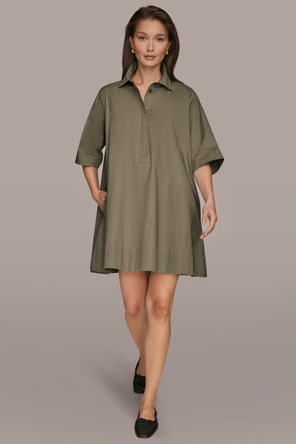 ELBOW-SLEEVE MINI SHIRT DRESS - KHAKI GREEN
