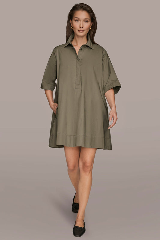 ELBOW-SLEEVE MINI SHIRT DRESS - KHAKI GREEN