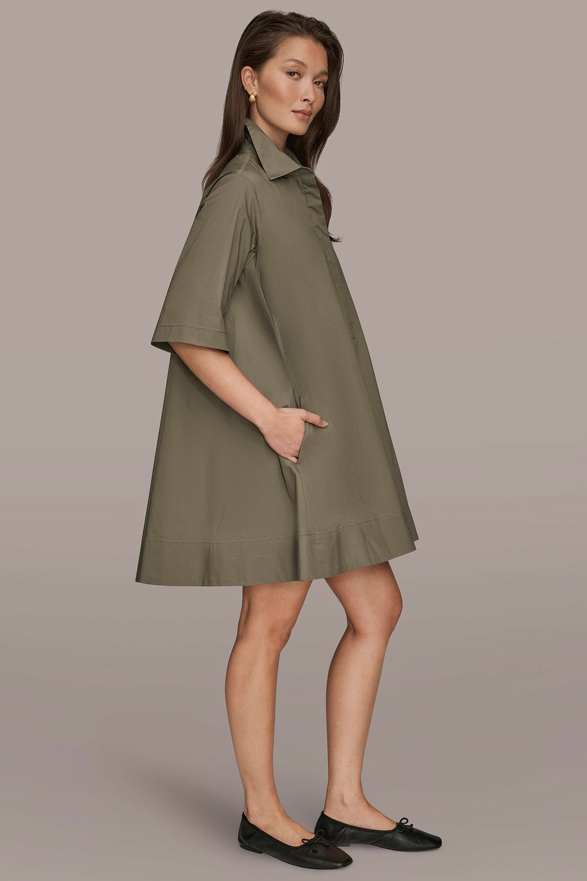 ELBOW-SLEEVE MINI SHIRT DRESS - KHAKI GREEN