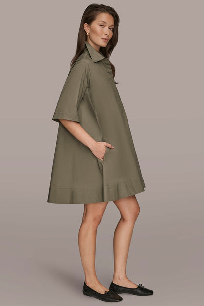 ELBOW-SLEEVE MINI SHIRT DRESS - KHAKI GREEN