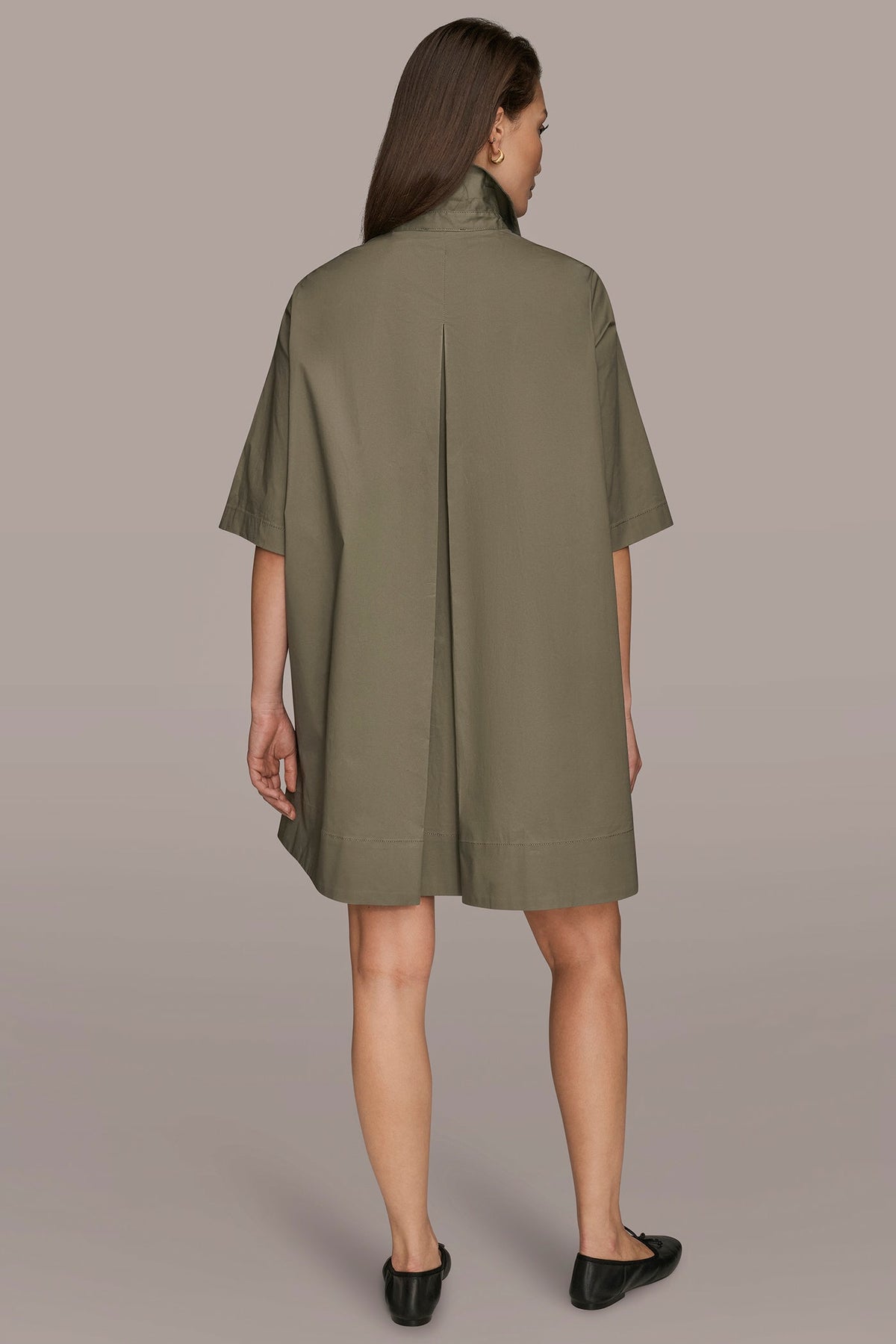 ELBOW-SLEEVE MINI SHIRT DRESS - KHAKI GREEN