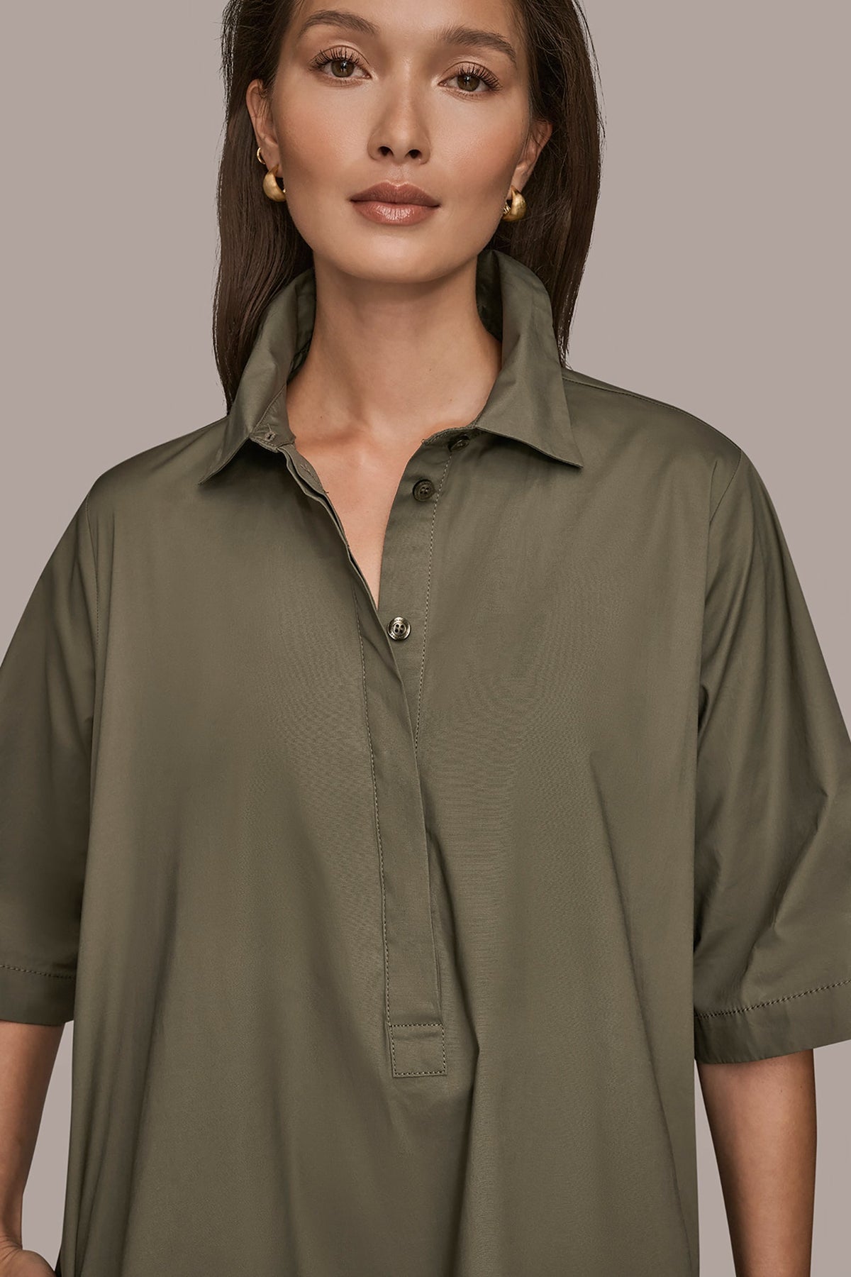 ELBOW-SLEEVE MINI SHIRT DRESS - KHAKI GREEN