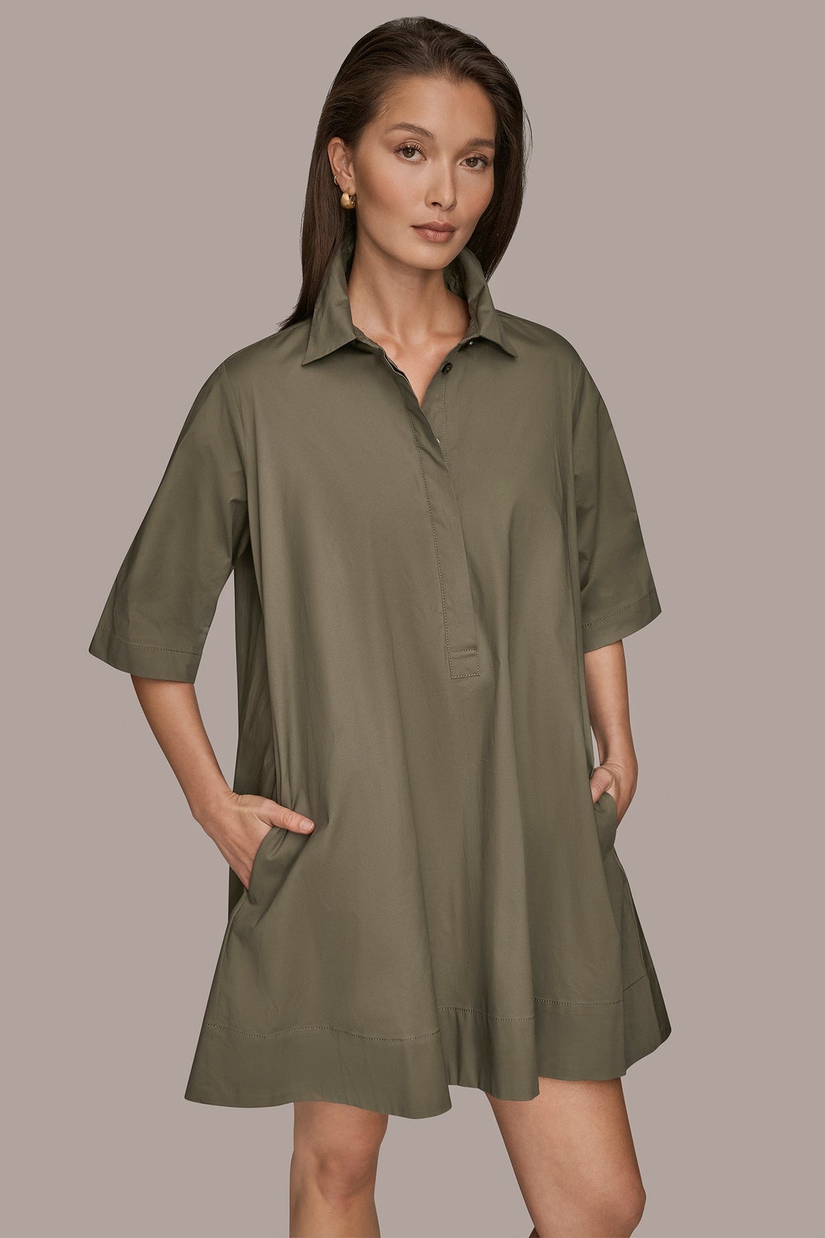 ELBOW-SLEEVE MINI SHIRT DRESS - KHAKI GREEN