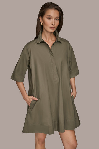 ELBOW-SLEEVE MINI SHIRT DRESS - KHAKI GREEN