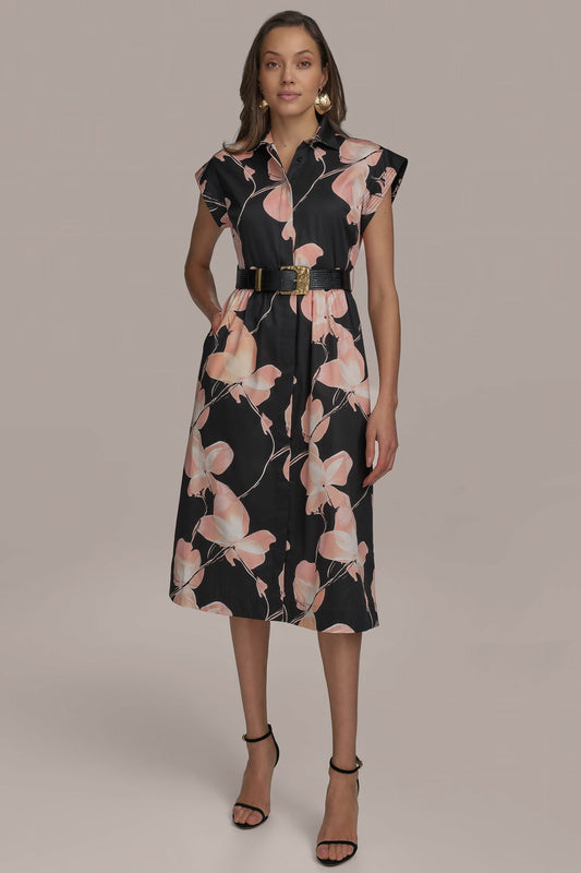 SATEEN CAP SLEEVE PRINTED SHIRT DRESS - BLACK MULTI