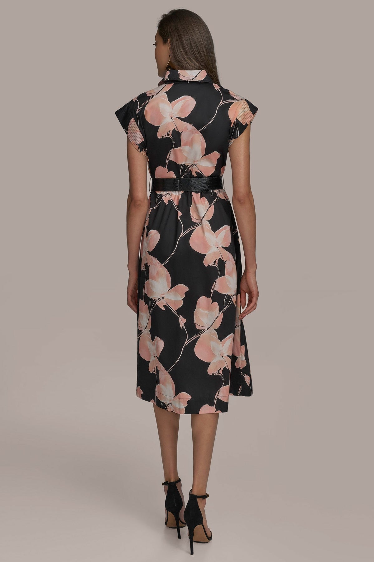 SATEEN CAP SLEEVE PRINTED SHIRT DRESS - BLACK MULTI