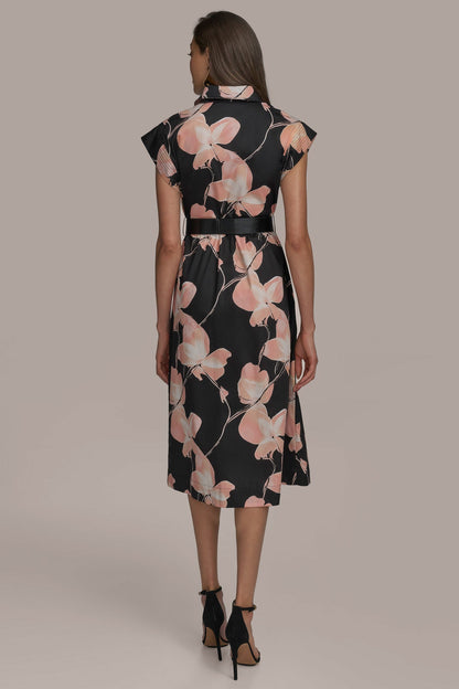SATEEN CAP SLEEVE PRINTED SHIRT DRESS - BLACK MULTI