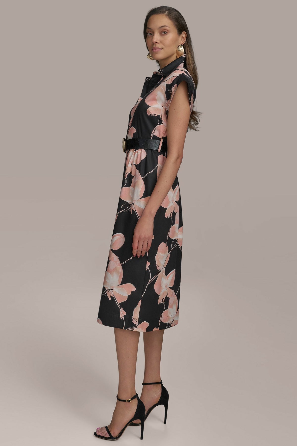 SATEEN CAP SLEEVE PRINTED SHIRT DRESS - BLACK MULTI